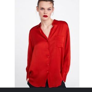 Zara Red Silk Button Down Shirt